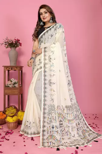 Soft linen cotton printed saree
with cotton tassles on pallu 
matching blouse