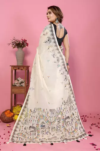 Soft linen cotton printed saree
with cotton tassles on pallu 
matching blouse