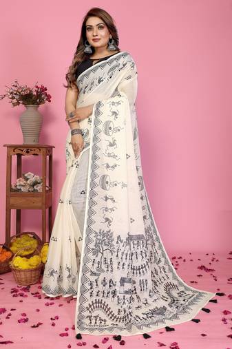 Soft linen cotton printed saree
with cotton tassles on pallu 
matching blouse
