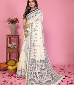 Soft linen cotton printed saree
with cotton tassles on pallu 
matching blouse