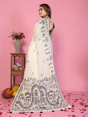 Soft linen cotton printed saree
with cotton tassles on pallu 
matching blouse 3