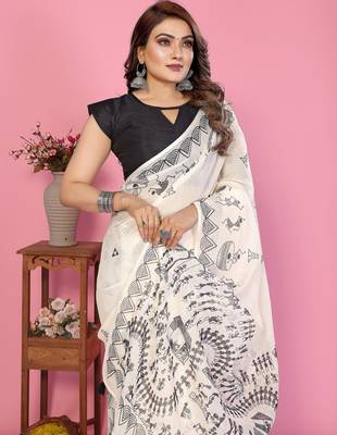 Soft linen cotton printed saree
with cotton tassles on pallu 
matching blouse 4