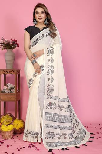 Soft linen cotton printed saree
with cotton tassles on pallu 
matching blouse