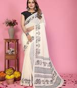Soft linen cotton printed saree
with cotton tassles on pallu 
matching blouse