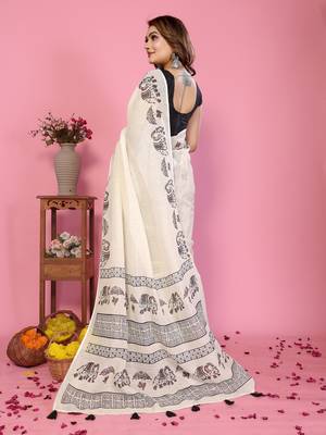 Soft linen cotton printed saree
with cotton tassles on pallu 
matching blouse 3