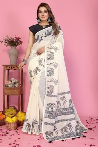Soft linen cotton printed saree
with cotton tassles on pallu 
matching blouse