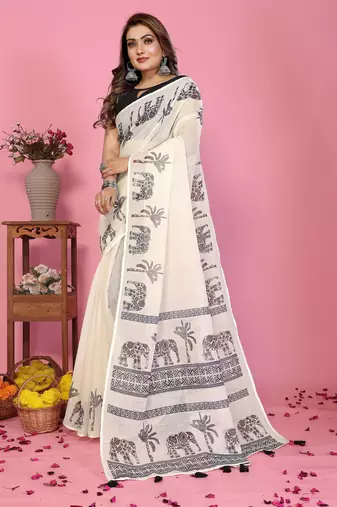 Soft linen cotton printed saree
with cotton tassles on pallu 
matching blouse
