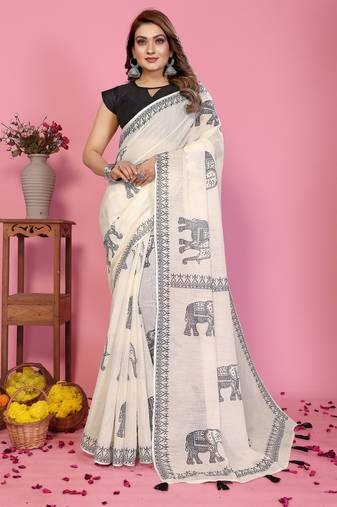 Soft linen cotton printed saree
with cotton tassles on pallu 
matching blouse