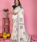 Soft linen cotton printed saree
with cotton tassles on pallu 
matching blouse