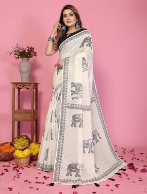 Soft linen cotton printed saree
with cotton tassles on pallu 
matching blouse 2