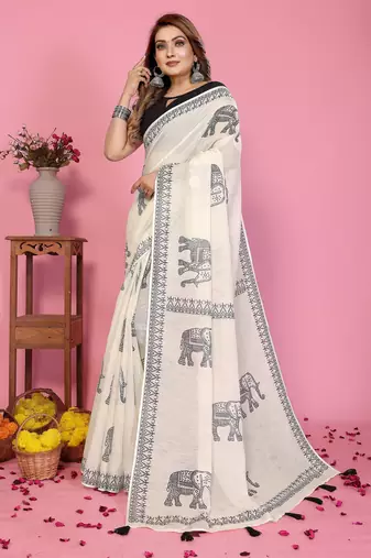 Soft linen cotton printed saree
with cotton tassles on pallu 
matching blouse