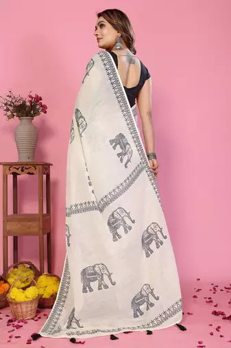 Soft linen cotton printed saree
with cotton tassles on pallu 
matching blouse