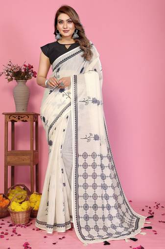 Soft linen cotton printed saree
with cotton tassles on pallu 
matching blouse
