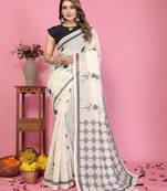Soft linen cotton printed saree
with cotton tassles on pallu 
matching blouse