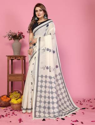 Soft linen cotton printed saree
with cotton tassles on pallu 
matching blouse 2
