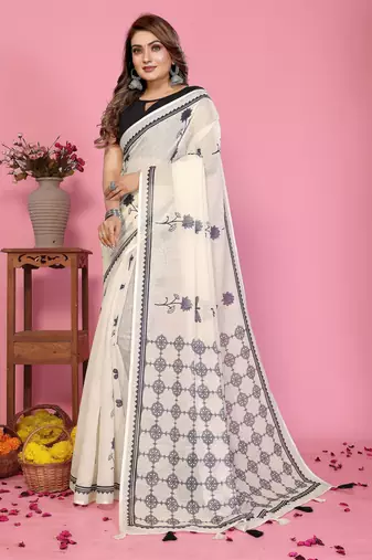 Soft linen cotton printed saree
with cotton tassles on pallu 
matching blouse