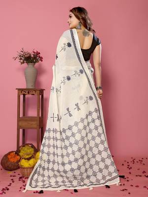 Soft linen cotton printed saree
with cotton tassles on pallu 
matching blouse 3