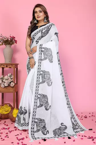 Soft linen cotton printed saree
with cotton tassles on pallu 
matching blouse