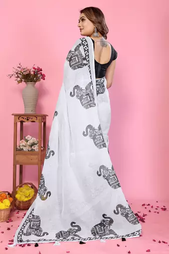 Soft linen cotton printed saree
with cotton tassles on pallu 
matching blouse