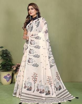 Soft linen cotton printed saree
with cotton tassles on pallu 
matching blouse 2