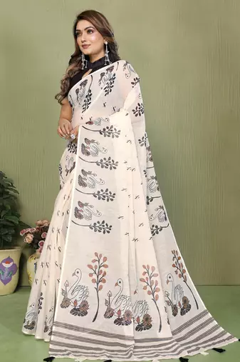 Soft linen cotton printed saree
with cotton tassles on pallu 
matching blouse