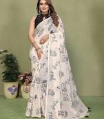 Soft linen cotton printed saree
with cotton tassles on pallu 
matching blouse