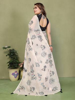 Soft linen cotton printed saree
with cotton tassles on pallu 
matching blouse 3