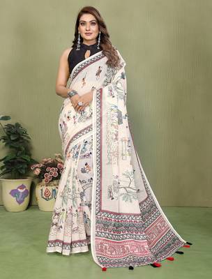Soft linen cotton printed saree
with cotton tassles on pallu 
matching blouse 1
