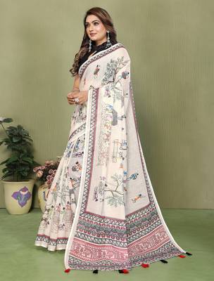 Soft linen cotton printed saree
with cotton tassles on pallu 
matching blouse 2