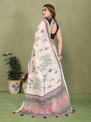 Soft linen cotton printed saree
with cotton tassles on pallu 
matching blouse 3