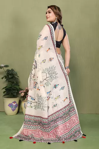 Soft linen cotton printed saree
with cotton tassles on pallu 
matching blouse