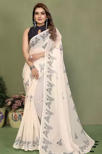Soft linen cotton printed saree
with cotton tassles on pallu 
matching blouse