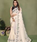 Soft linen cotton printed saree
with cotton tassles on pallu 
matching blouse