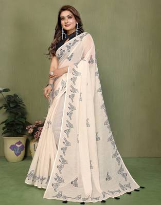 Soft linen cotton printed saree
with cotton tassles on pallu 
matching blouse 2