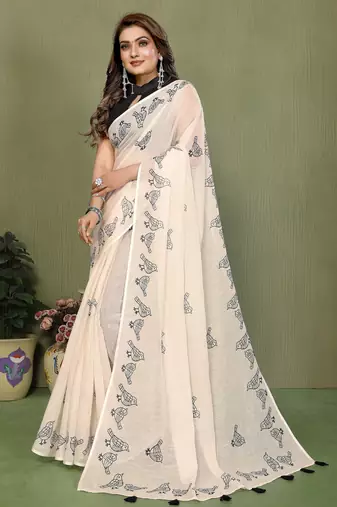Soft linen cotton printed saree
with cotton tassles on pallu 
matching blouse