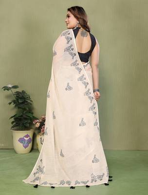 Soft linen cotton printed saree
with cotton tassles on pallu 
matching blouse 3