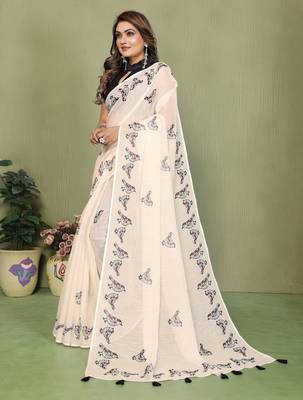 Soft linen cotton printed saree
with cotton tassles on pallu 
matching blouse 2
