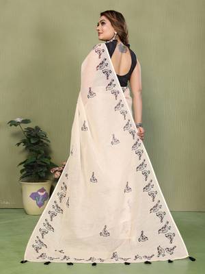 Soft linen cotton printed saree
with cotton tassles on pallu 
matching blouse 3