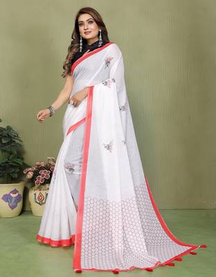Soft linen cotton printed saree
with cotton tassles on pallu 
matching blouse 2