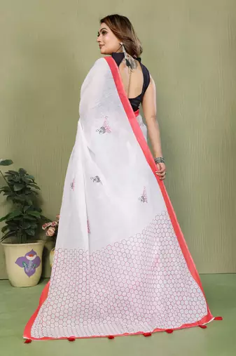 Soft linen cotton printed saree
with cotton tassles on pallu 
matching blouse