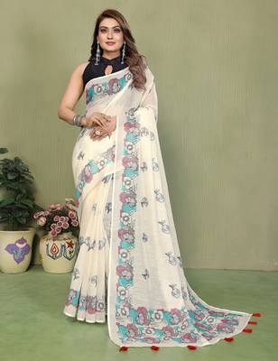 Soft linen cotton printed saree
with cotton tassles on pallu 
matching blouse 1