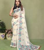 Soft linen cotton printed saree
with cotton tassles on pallu 
matching blouse