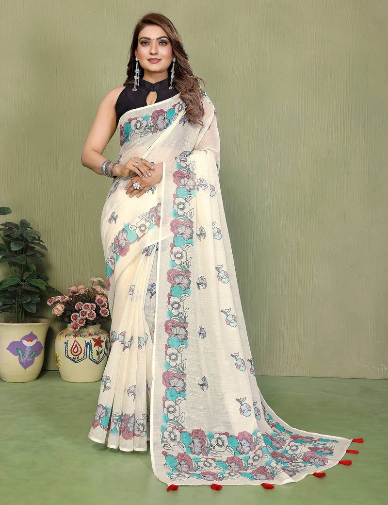 Soft linen cotton printed saree
with cotton tassles on pallu 
matching blouse