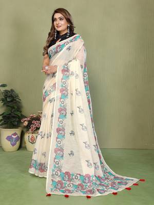 Soft linen cotton printed saree
with cotton tassles on pallu 
matching blouse 2