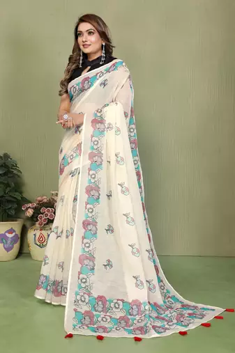 Soft linen cotton printed saree
with cotton tassles on pallu 
matching blouse