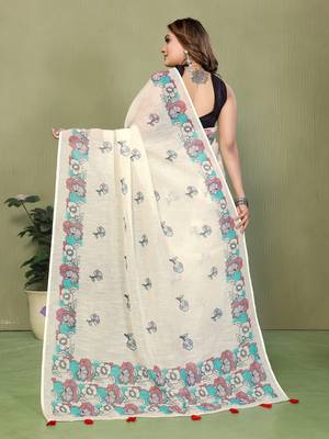 Soft linen cotton printed saree
with cotton tassles on pallu 
matching blouse 3