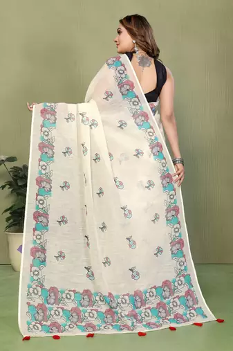 Soft linen cotton printed saree
with cotton tassles on pallu 
matching blouse