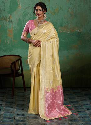 Pastel yellow & pink zari woven linen silk blend saree with floral motifs 1