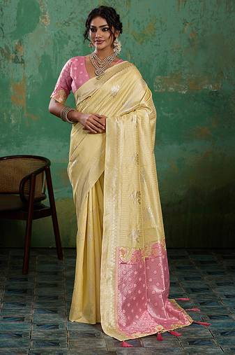 Pastel yellow & pink zari woven linen silk blend saree with floral motifs