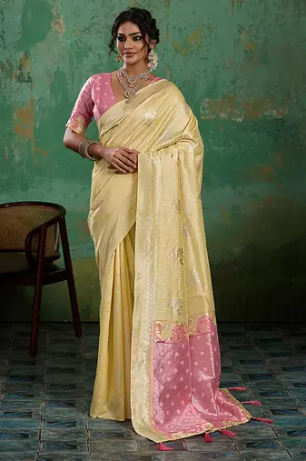 Pastel yellow & pink zari woven linen silk blend saree with floral motifs